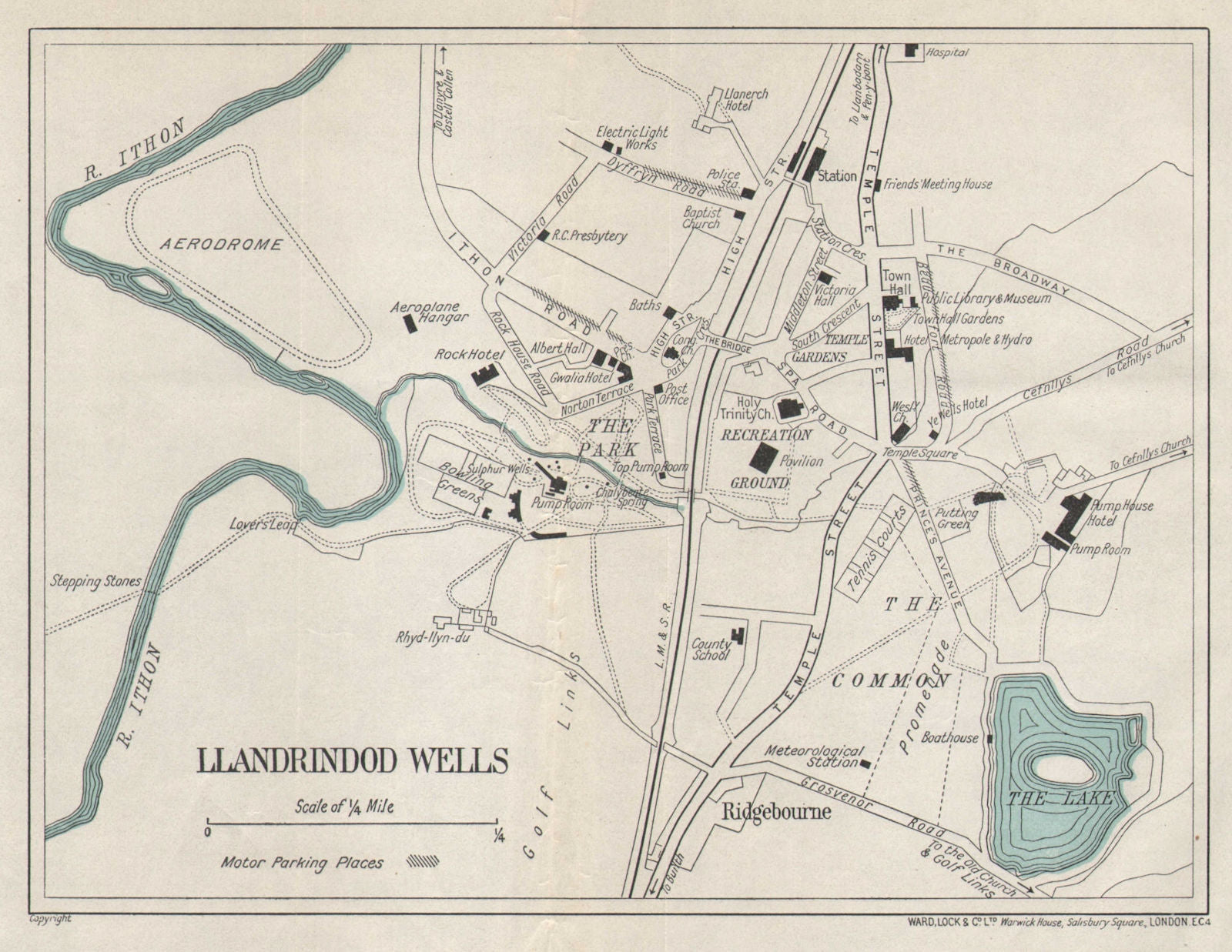 LLANDRINDOD WELLS vintage tourist town city plan. Wales. WARD LOCK 1939 map